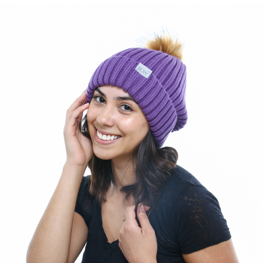 Winter Hat Satin Lined Natural Hair Violet Pom Pom