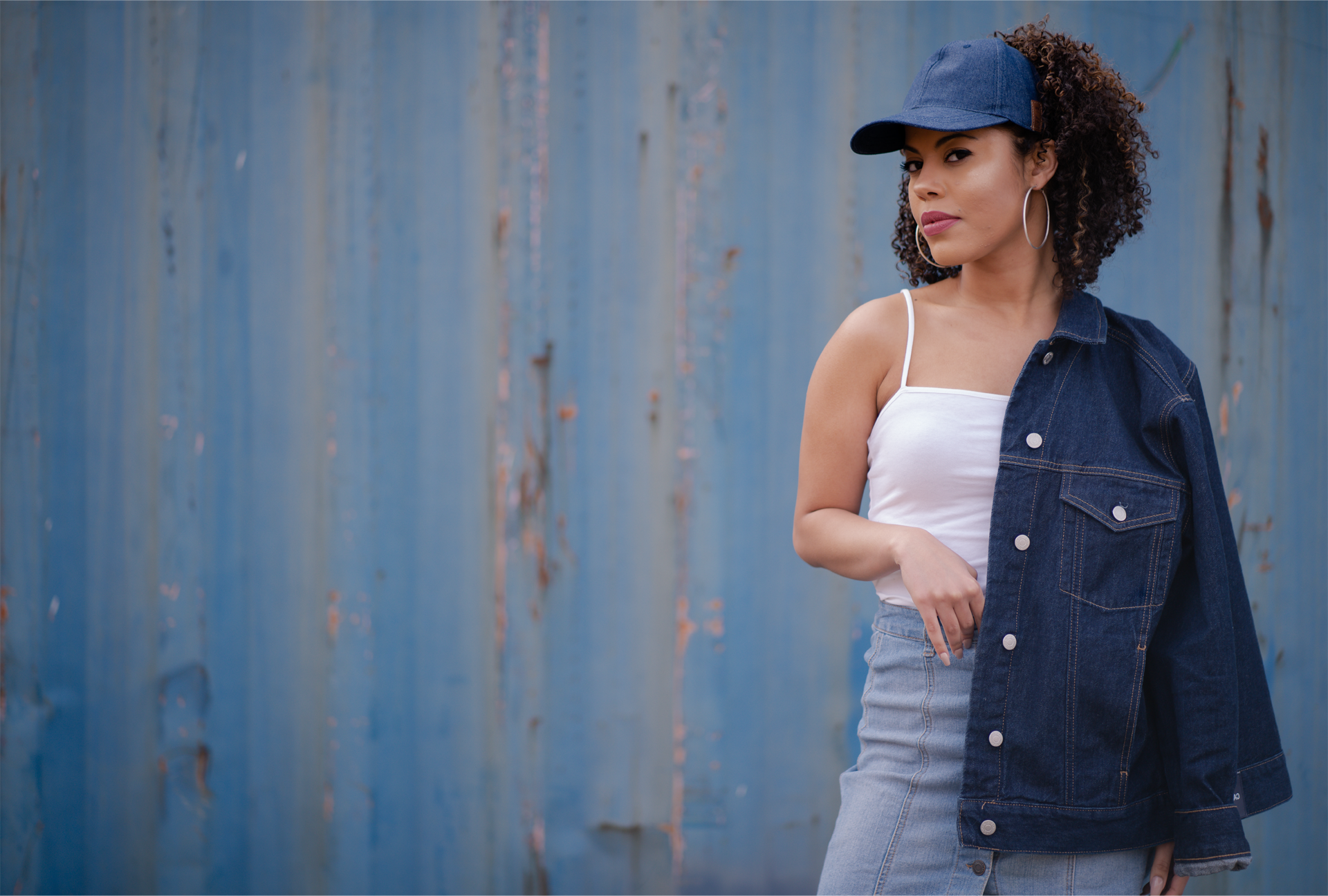 Denim Satin Lined Culture Cap on Curly Hair