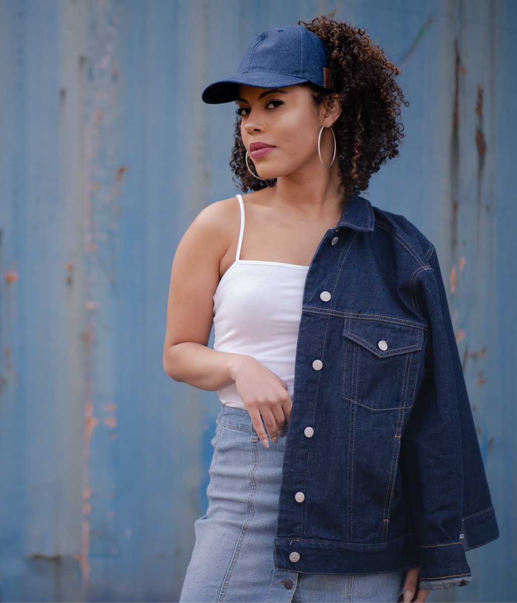 Denim Satin lined culture cap on curly hair woman