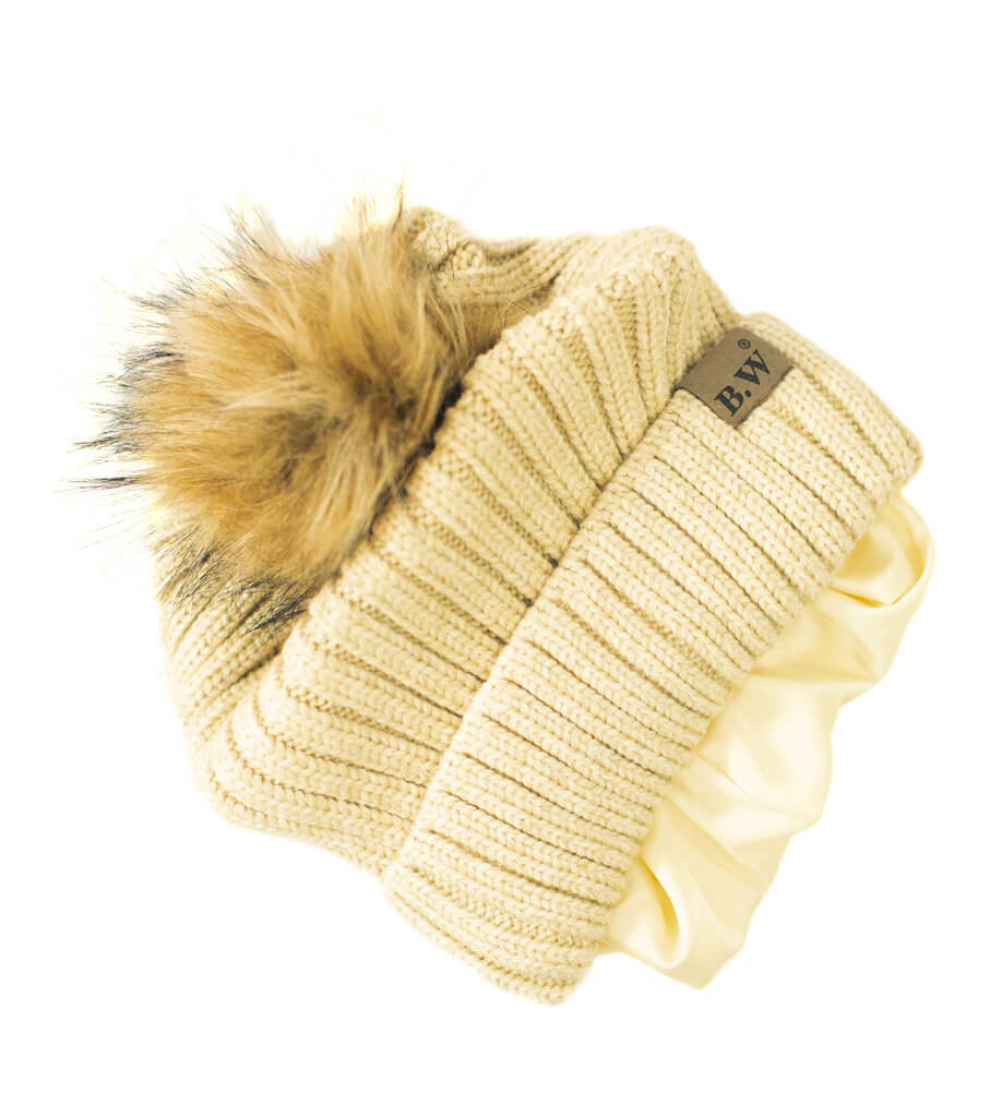 Extra Large Satin Lined Beige Beanie with Detachable Faux  display picture 1