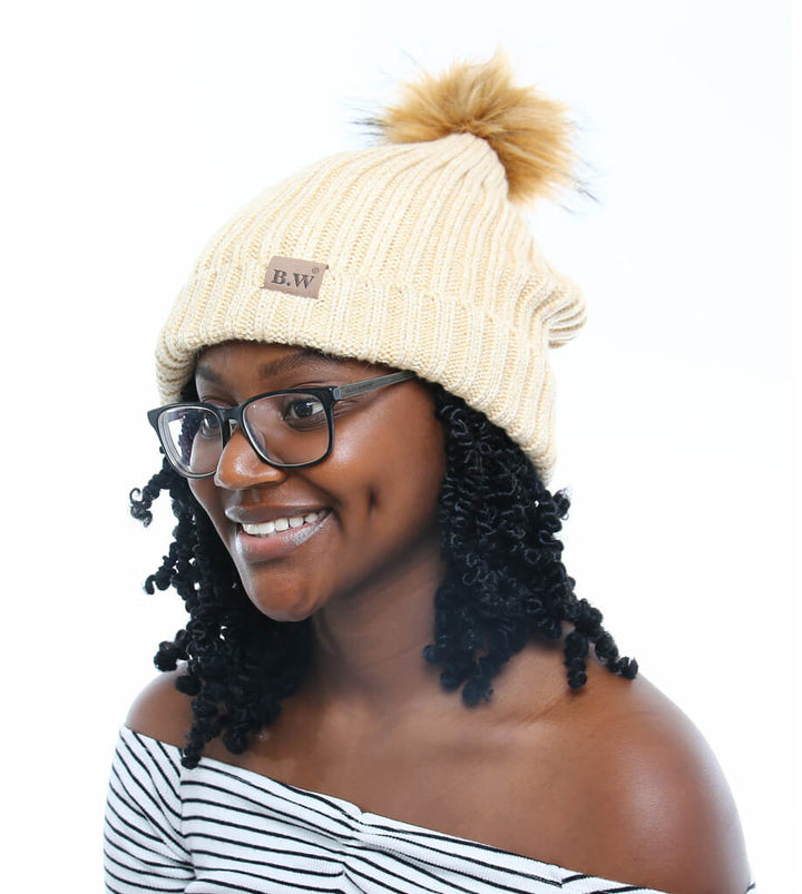 Extra Large Satin Lined Beige Beanie with Detachable Faux 