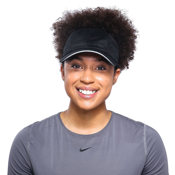 Natural Hair woman with black backless running hat