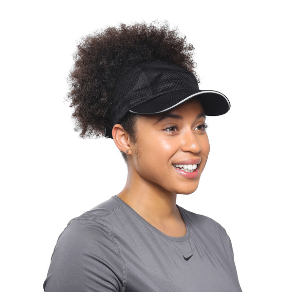 Natural Hair woman with black backless running hat