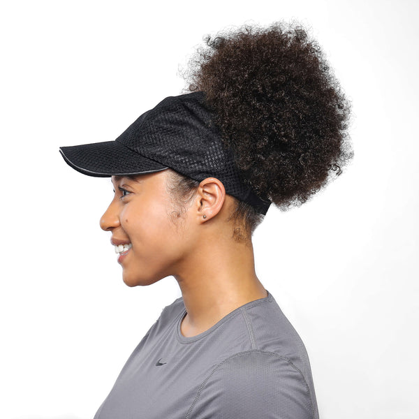 Curly Hair woman with black backless running hat