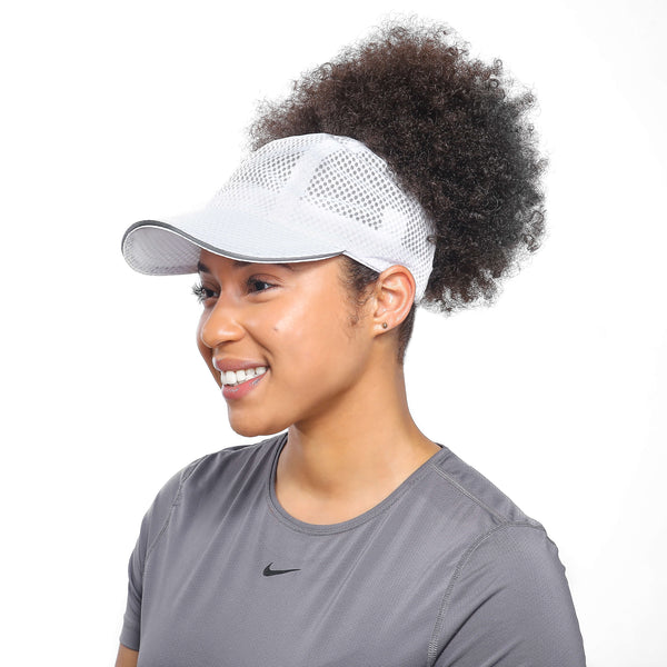Natural Hair woman with white backless running hat