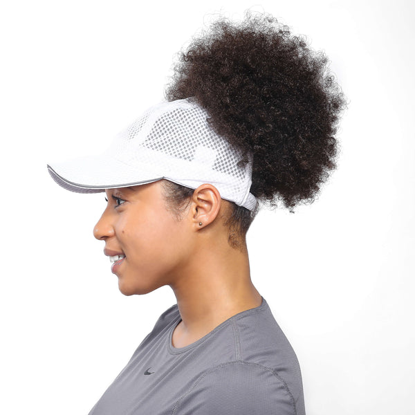 Natural Hair woman with white backless running hat
