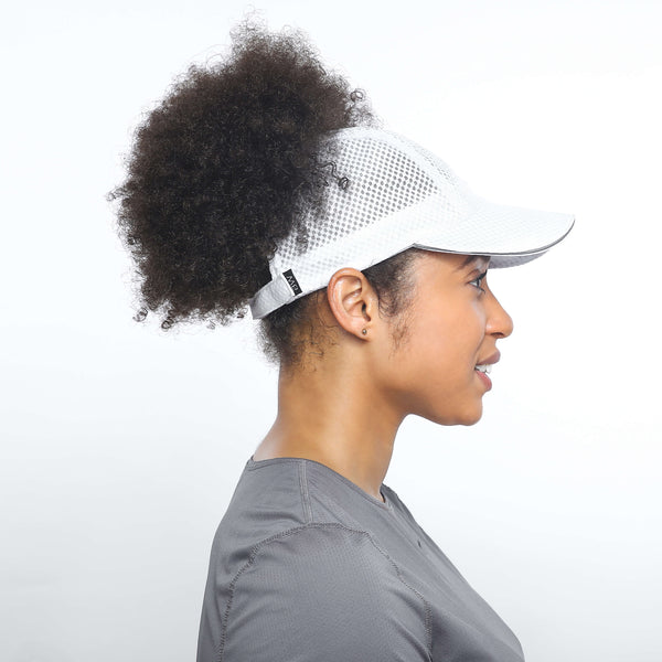 Curly Hair woman with white backless running hat